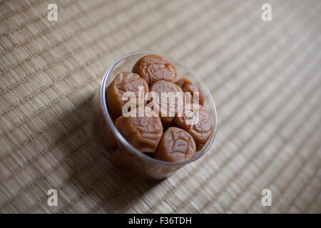 Umeboshi ume Japanese dried pickled salty plum tilted Stock Photo