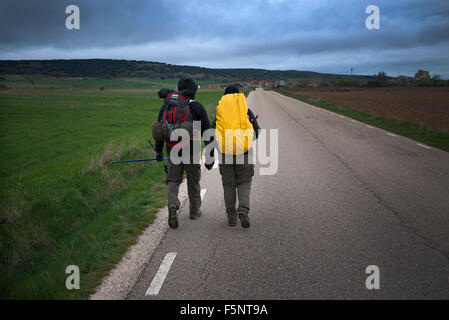 Pilgrims on the camino to Santiago de Compostella. Stock Photo