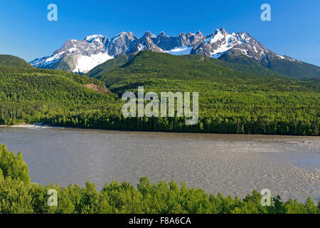 The Seven Sisters Mountain range and the Skeena river near Kitwanga, British Columbia Stock Photo