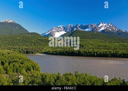 The Seven Sisters Mountain range and the Skeena river near Kitwanga, British Columbia Stock Photo