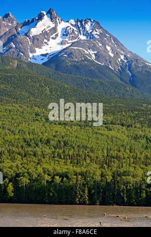 The Seven Sisters Mountain range and the Skeena river near Kitwanga, British Columbia Stock Photo