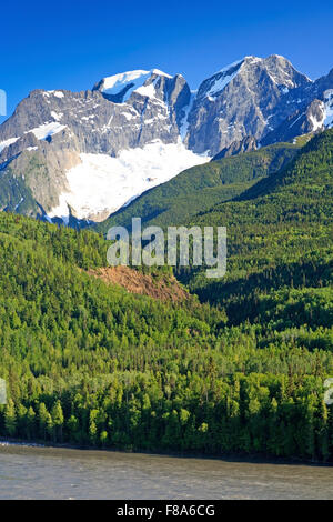 The Seven Sisters Mountain range and the Skeena river near Kitwanga, British Columbia Stock Photo