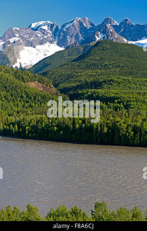 The Seven Sisters Mountain range and the Skeena river near Kitwanga, British Columbia Stock Photo