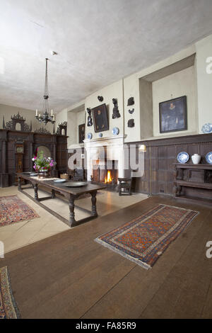 The Hall at Chastleton House, Oxfordshire. The house was built between 1607 and 1612, and the oak panelling is also of the 1600s. Stock Photo