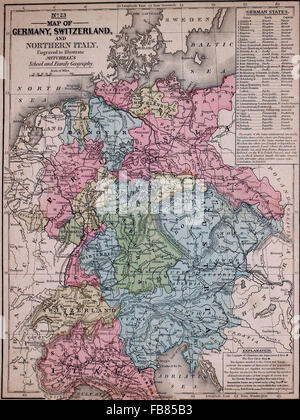 Map of Germany, Switzerland and Northern Italy, circa 1861 Stock Photo