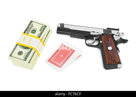 Gun money and playing cards Stock Photo