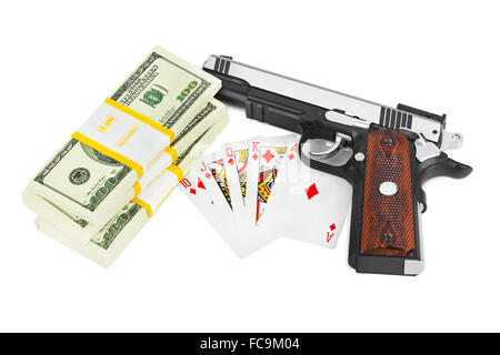 Gun money and playing cards Stock Photo