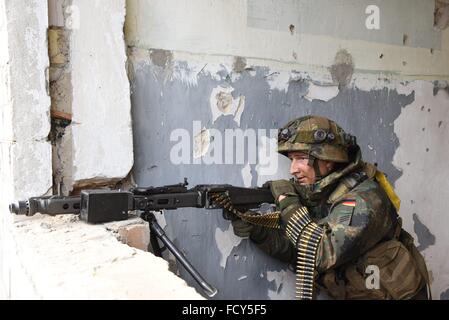 Light Infantry soldier of 3rd Company, 1st Infantry Battalion during a force on force training exercise at the German Army Combat Training Center. Stock Photo