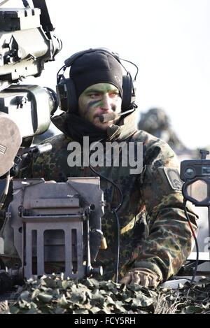 Light Infantry soldier of 3rd Company, 1st Infantry Battalion during a force on force training exercise at the German Army Combat Training Center. Stock Photo