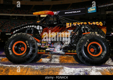 New Orleans, LA, USA. 20th Feb, 2016. El Toro Loco monster truck in action during Monster Jam at the Mercedes-Benz Superdome in New Orleans, LA. Stephen Lew/CSM/Alamy Live News Stock Photo