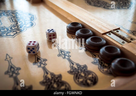 vintage wooden backgammon pattern and the dice Stock Photo