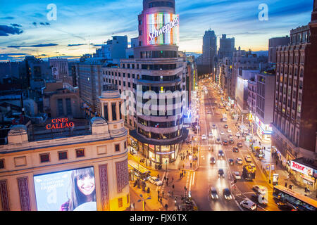 Callao Square and Gran Via Avenue, in the middle Capitol Building.  Madrid. Spain. Stock Photo