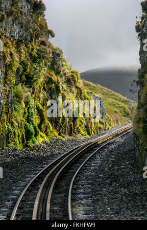 Railway track through rock, Snowdon Mountain Railway, Snowdonia Stock Photo