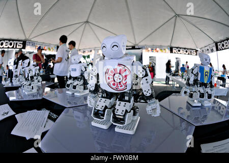 Toy robots on display at the Expo event during the DARPA Rescue Robot Showdown at  Fairplex Fairground June 5, 2015 in Pomona, California. The DARPA event is to challenge teams to design robots that will conduct humanitarian, disaster relief and related operations. Stock Photo