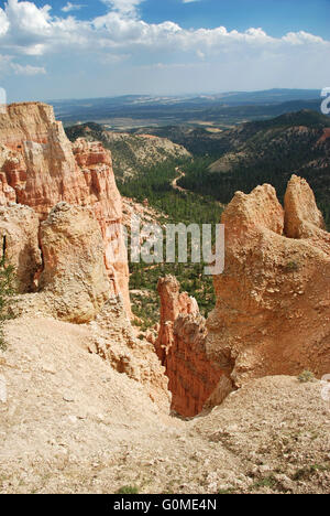 A valley seen through rock formations in Bryce Canyon National Park, Utah, United States. Stock Photo