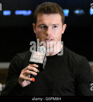 Las Vegas NV, USA. 3rd May, 2016. Mexico's Canelo Alvarez arrives as fans cheer at the MGM grand hotel in Las Vegas Tuesday. Canelo Alvarez will be fighting UK's Amir Khan for the middleweight world championship this Saturday May 7th at the T-Mobile arena and on HBO PPV in Las Vegas. Photo by Gene Blevins/LA DailyNews/ZumaPress Credit:  Gene Blevins/ZUMA Wire/Alamy Live News Stock Photo