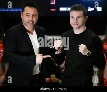 Las Vegas NV, USA. 3rd May, 2016. (R} Mexico's Canelo Alvarez with Golden Boys Oscar De La Hoya arrives as fans cheer at the MGM grand hotel in Las Vegas Tuesday. Canelo Alvarez will be fighting UK's Amir Khan for the middleweight world championship this Saturday May 7th at the T-Mobile arena and on HBO PPV in Las Vegas. Photo by Gene Blevins/LA DailyNews Credit:  Gene Blevins/ZUMA Wire/Alamy Live News Stock Photo