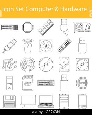 Drawn Doodle Lined Icon Set Computer Hardware I with 25 icons for the creative use in graphic design Stock Vector