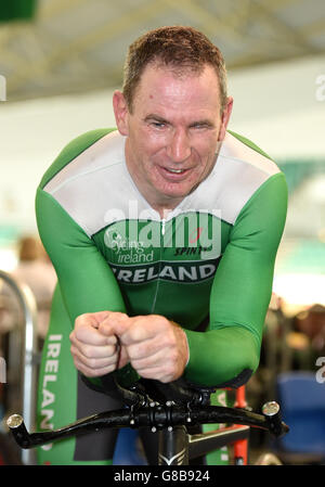 Ireland's James Brown after competing in the Male 50-54 2000m Pursuit Qualifying, James will be the first registered blind person to compete on a solo bike at World Championship level, during the 2015 UCI World Masters Track Cycling Championships at Manchester Velodrome. Stock Photo