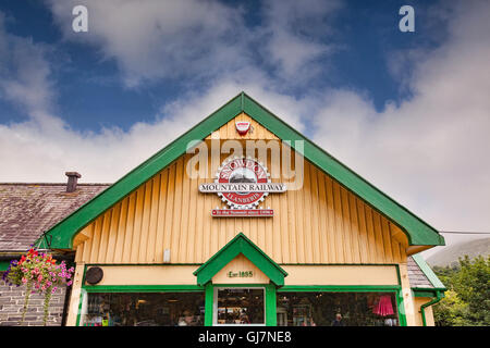 Snowdon Mountain Railway building, with logo, Llanberis, Snowdonia National Park, Gwynedd, Wales, UK Stock Photo