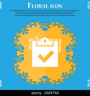 Check mark, tik . Floral flat design on a blue abstract background with place for your text. Vector Stock Vector