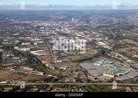 aerial view of the Sheffield city skyline with the M1 & Meadowhall in the foreground, UK Stock Photo