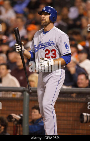 September 15, 2010; San Francisco, CA, USA;  Los Angeles Dodgers third baseman Casey Blake (23) at bat against the San Francisco Giants during the second inning at AT&T Park.  San Francisco defeated Los Angeles 2-1. Stock Photo