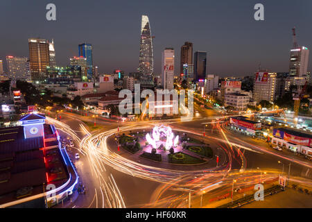 Dusk twilight skyline cityscape view of District 1 and Bitexco Financial Tower in Ho Chi Minh City, Vietnam. Stock Photo