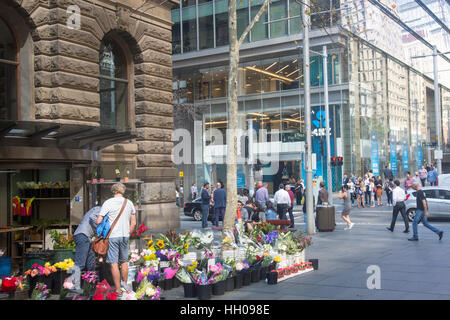 Florist stall and branch of ANZ bank in Sydney's martin place pedestrianised area, New south Wales, Australia Stock Photo