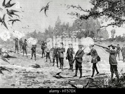 Italy. Monza. The Emperor William II of Germany (1859-1941) and the King of Italy Victor Emmanuel III (1869-1947) hunt in the park of the Royal Palace. Engraved by Rico. 'The Spanish and American Illustration', 1889. Stock Photo