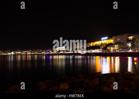 Cannes beach night view, France. Famous town in south of France. Promenade de la Croisette Stock Photo