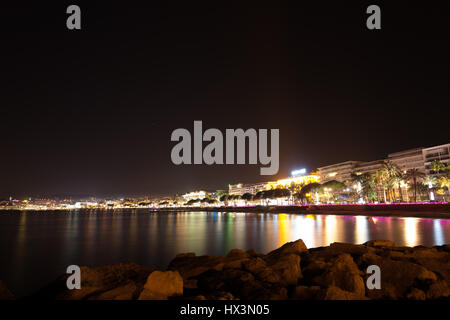 Cannes beach night view, France. Famous town in south of France. Promenade de la Croisette Stock Photo