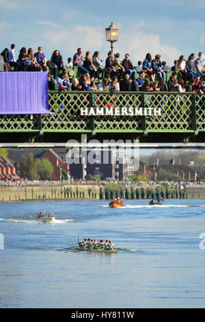 London, UK. 02nd Apr, 2017. Cambridge rowing hard and leading the way as the University Boat race passes underneath Hammersmith Bridge.   The Boat Race is an annual contest between two rowing crews from Oxford and Cambridge universities.  on the River Thames in West London between Putney and Mortlake. First raced in 1927, The Cancer Research UK Boat Race is amongst the oldest sporting events in the world.   The first boat race for men took place in 1829 in Henley on Thames following a challenge between old school friends. Credit: Michael Preston/Alamy Live News Stock Photo