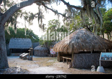 Replica huts at the De Soto National Memorial at Bradenton, Florida, commemorates the 1539 landing of the Spanish explorer Hernando de Soto. Stock Photo