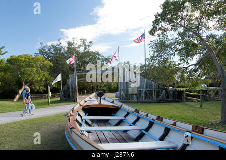 A replica boat at the De Soto National Memorial at Bradenton, Florida, which commemorates the 1539 landing of the Spanish explorer Hernando de Soto. Stock Photo