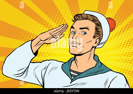 beautiful sailor salutes, the marine profession. Pop art retro vector illustration drawing Stock Vector