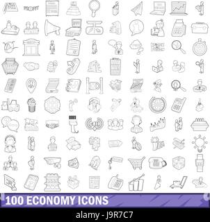 100 economy icons set, outline style Stock Vector