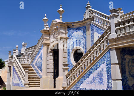 Portugal: Blue and white tiles as decoration on baroque staircase at Estoi Palace Stock Photo