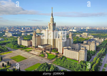 Aerial view of Moscow State University in the summer morning Stock Photo