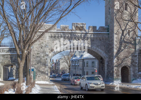 Gate of Old Quebec City in winter in Quebec City. Stock Photo