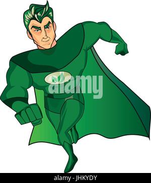 A cartoon superhero character with a green cape and costume and an leafs symbol on his chest.Isolated on white. Stock Vector