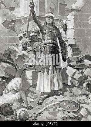 Princess Chand Bibi successfully defends the Ahmadnagar fort against the Mughal forces of Emperor Akbar in  1595.  Chand Bibi,1550–1599.  Indian Muslim regent and warrior.  After the painting by Allan Stewart, (1865-1951).  From Hutchinson's History of the Nations, published 1915. Stock Photo