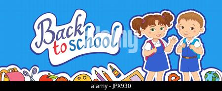 banner back to school boy girl pupil lettering logo vector Stock Vector