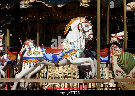 Painted horses at a carousel at Pier 39 in San Francisco, USA Stock Photo