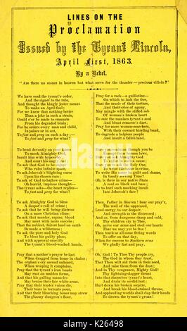 Broadside from the American Civil War, entitled 'Lines on the Proclamation Issued by the Tyrant Lincoln', advocating for vengeance against the Emancipation Proclamation, 1863. Stock Photo