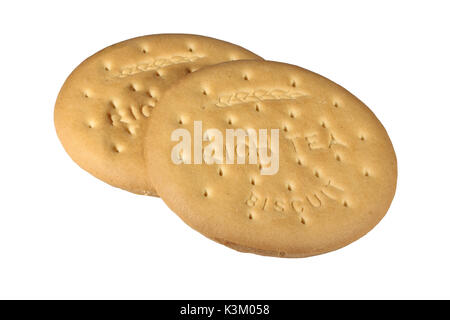 Two rich tea biscuits isolated on a white background Stock Photo