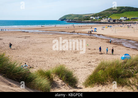 The sandy beach at Croyde in Devon during the summer holiday season. Stock Photo