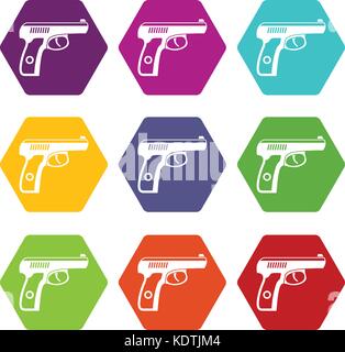 Gun icon set color hexahedron Stock Vector