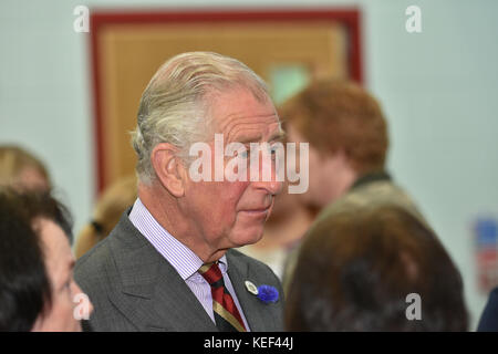 Prince Charles visits a community centre in Eglinton, Northern Ireland to speak with locals who were affected by Augusts severe flooding. Mark Winter / Alamy Live News Stock Photo