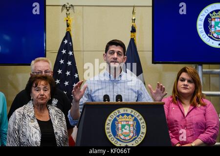 U.S. House of Representatives Speaker Paul Ryan speaks during a press conference about Hurricane Maria at the San Juan Convention Center October 7, 2017 in San Juan, Puerto Rico. Stock Photo